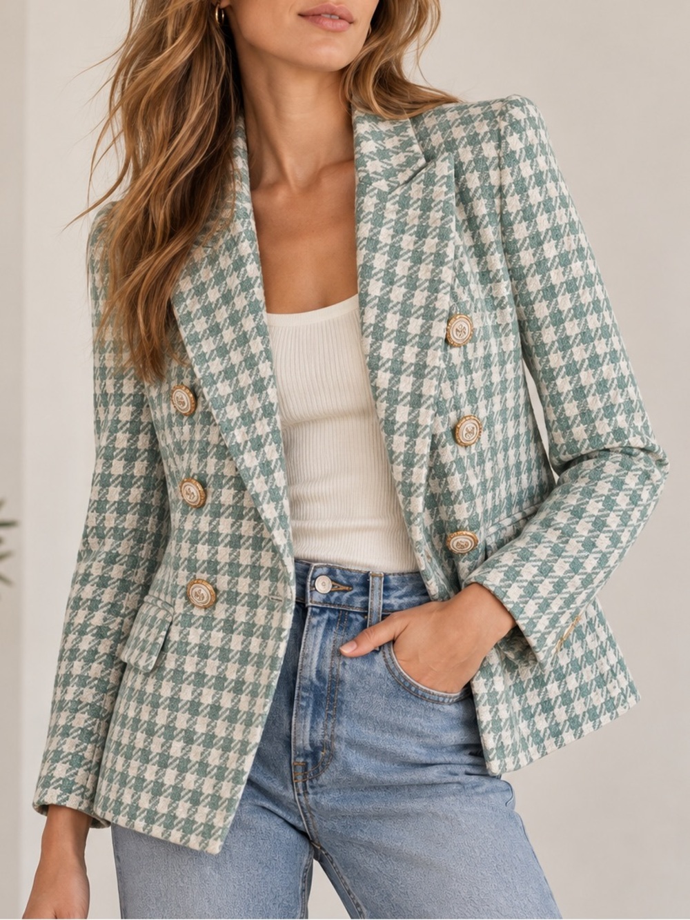 ZARA Mint Green Houndstooth Tweed Double Breasted Blazer Gold Buttons XS